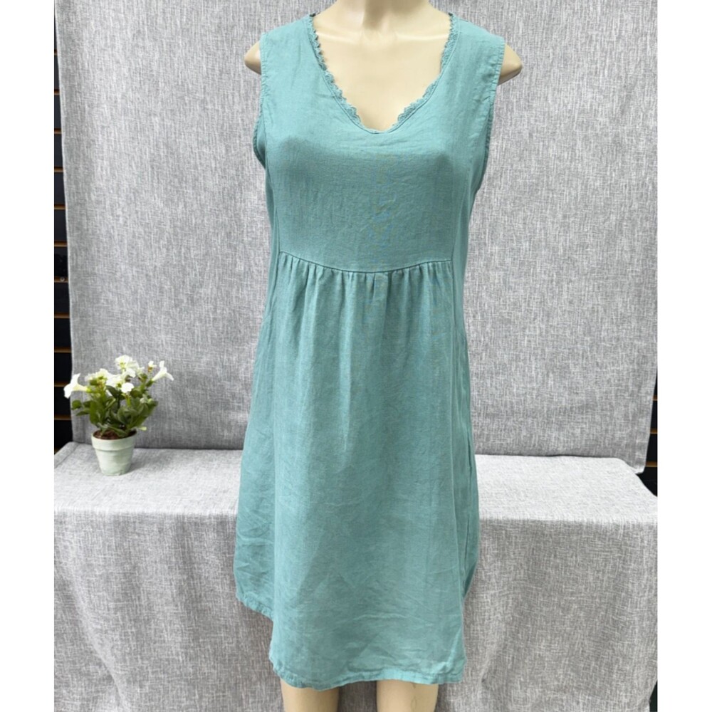 Terzo Millennio Italy Sage Green 100% Linen Ribbed Knit Accent Midi Dress M